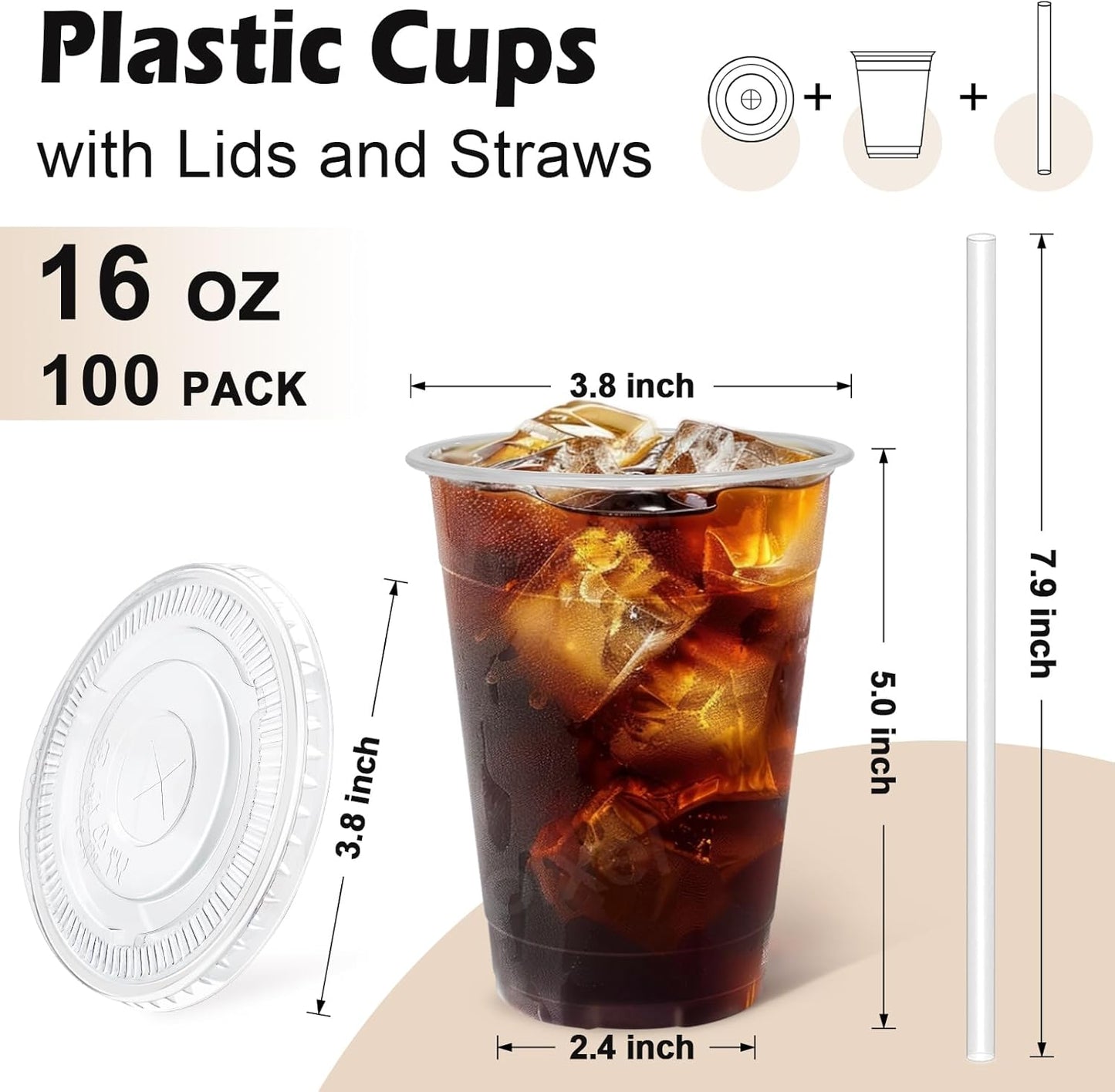 Plastic Cups with Lids and Straws 100 Pack