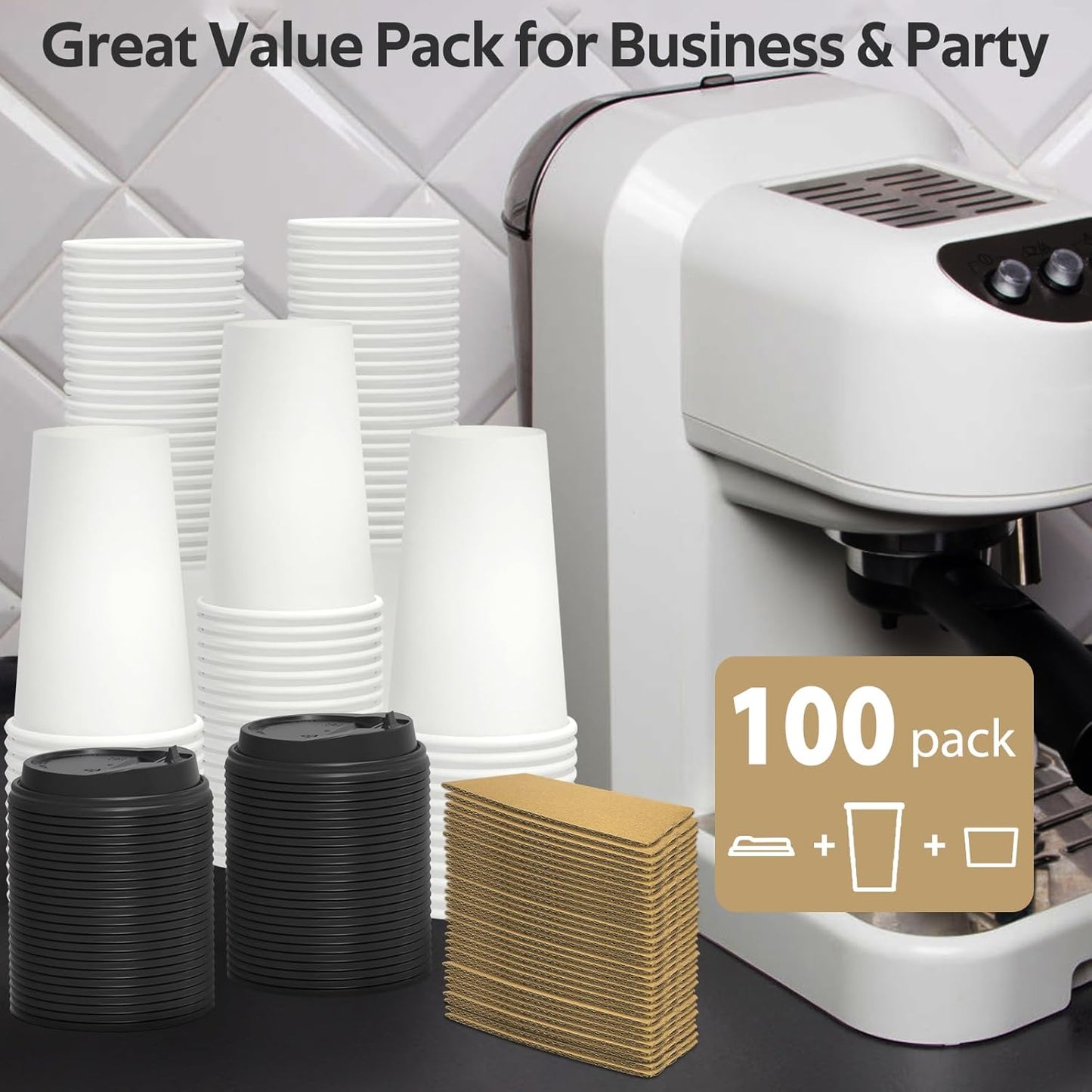 Disposable Coffee Cups with Lids and Sleeves 100 Pack