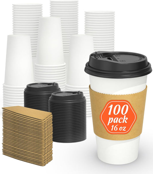 Disposable Coffee Cups with Lids and Sleeves 100 Pack